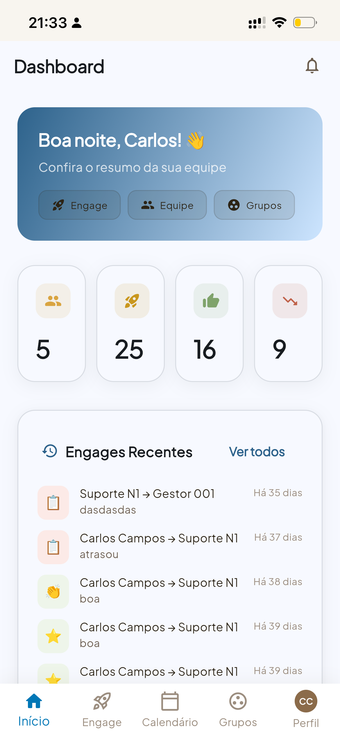 Dashboard do Engaja Time no celular